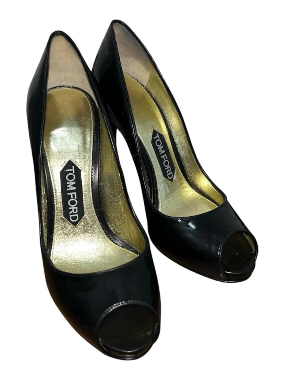 Tom Ford Black Patent Peep-Toe Pumps with Gold Insole